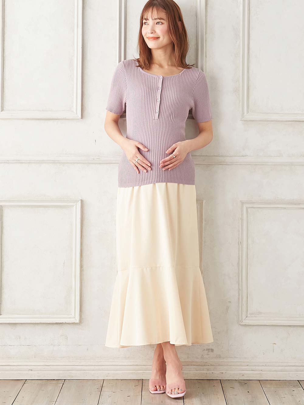 マタニティ トップス|前後2WAY綿混半袖ニット　マタニティ・産後授乳服【出産後も長く使える】|パープル