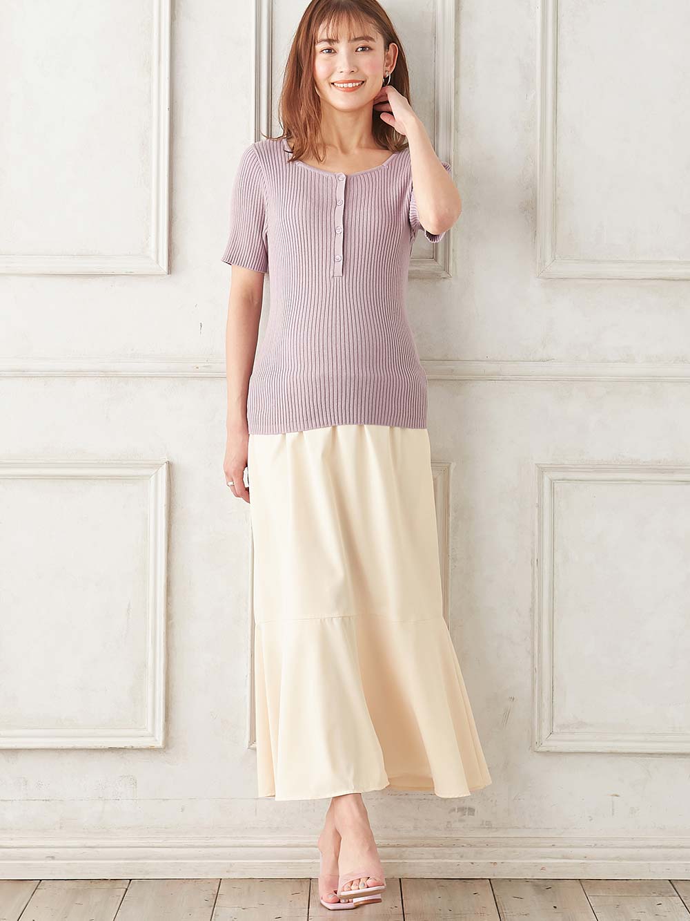 マタニティ トップス|前後2WAY綿混半袖ニット　マタニティ・産後授乳服【出産後も長く使える】|パープル