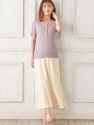 マタニティ トップス|前後2WAY綿混半袖ニット　マタニティ・産後授乳服【出産後も長く使える】|パープル