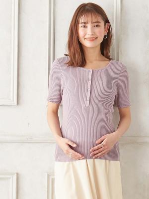 前後2WAY綿混半袖ニット　マタニティ・産後授乳服【出産後も長く使える】10359