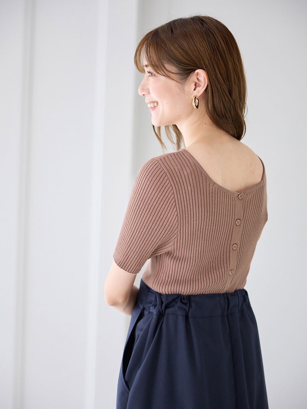 マタニティ トップス|前後2WAY綿混半袖ニット　マタニティ・産後授乳服【出産後も長く使える】|ペールブラウン