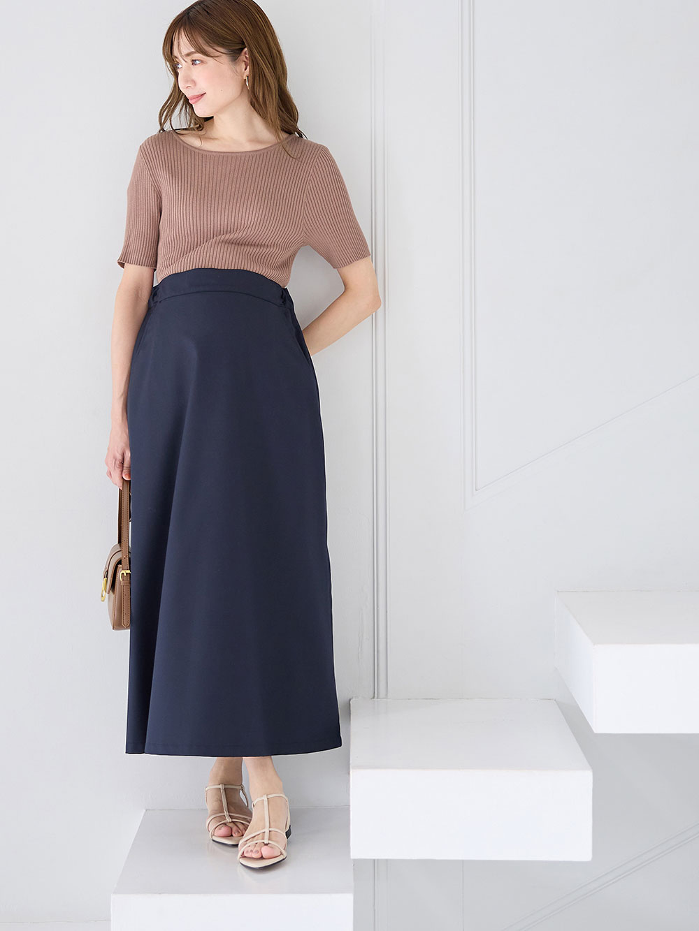 マタニティ トップス|前後2WAY綿混半袖ニット　マタニティ・産後授乳服【出産後も長く使える】|ペールブラウン