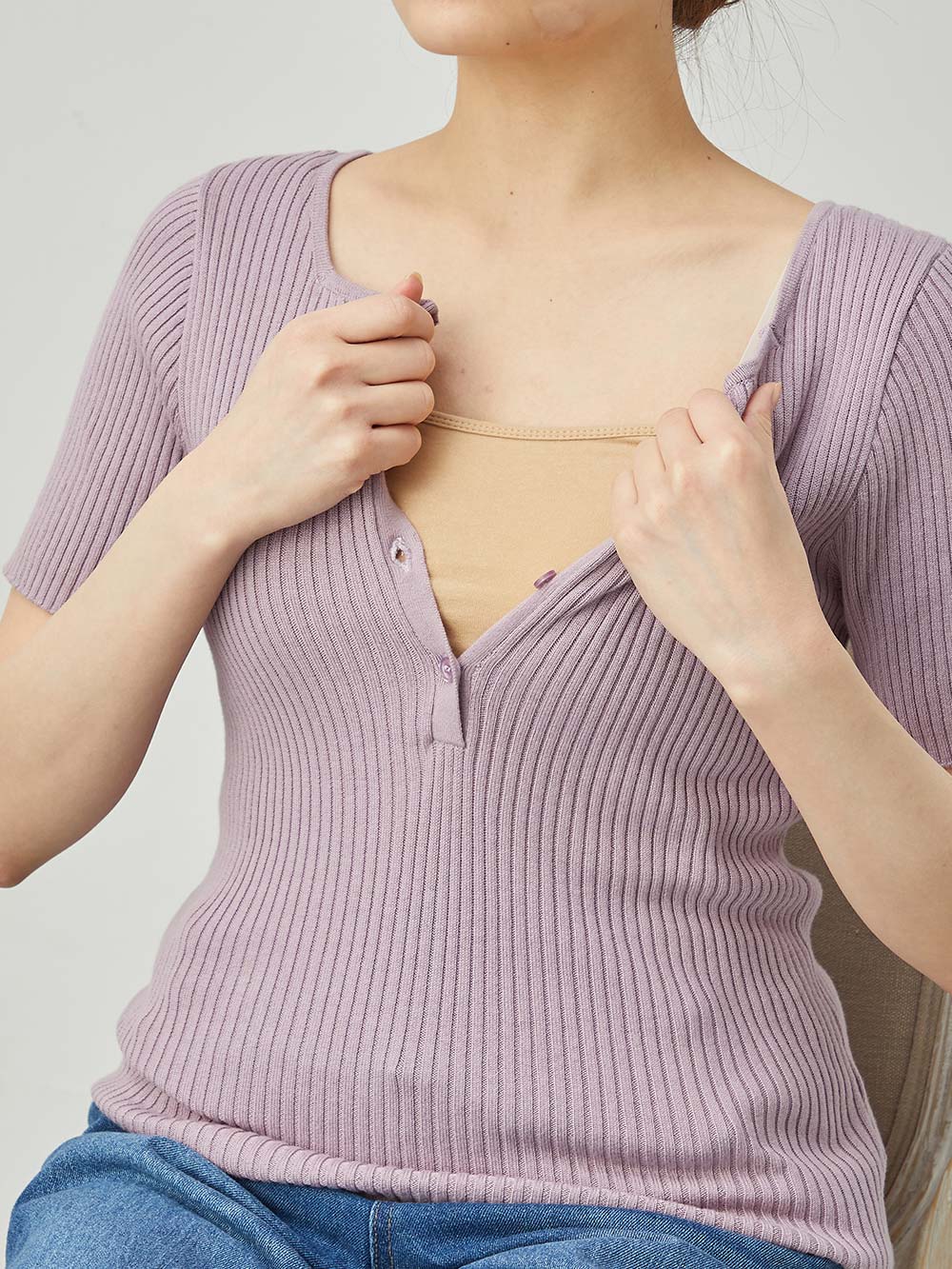 マタニティ トップス|前後2WAY綿混半袖ニット　マタニティ・産後授乳服【出産後も長く使える】