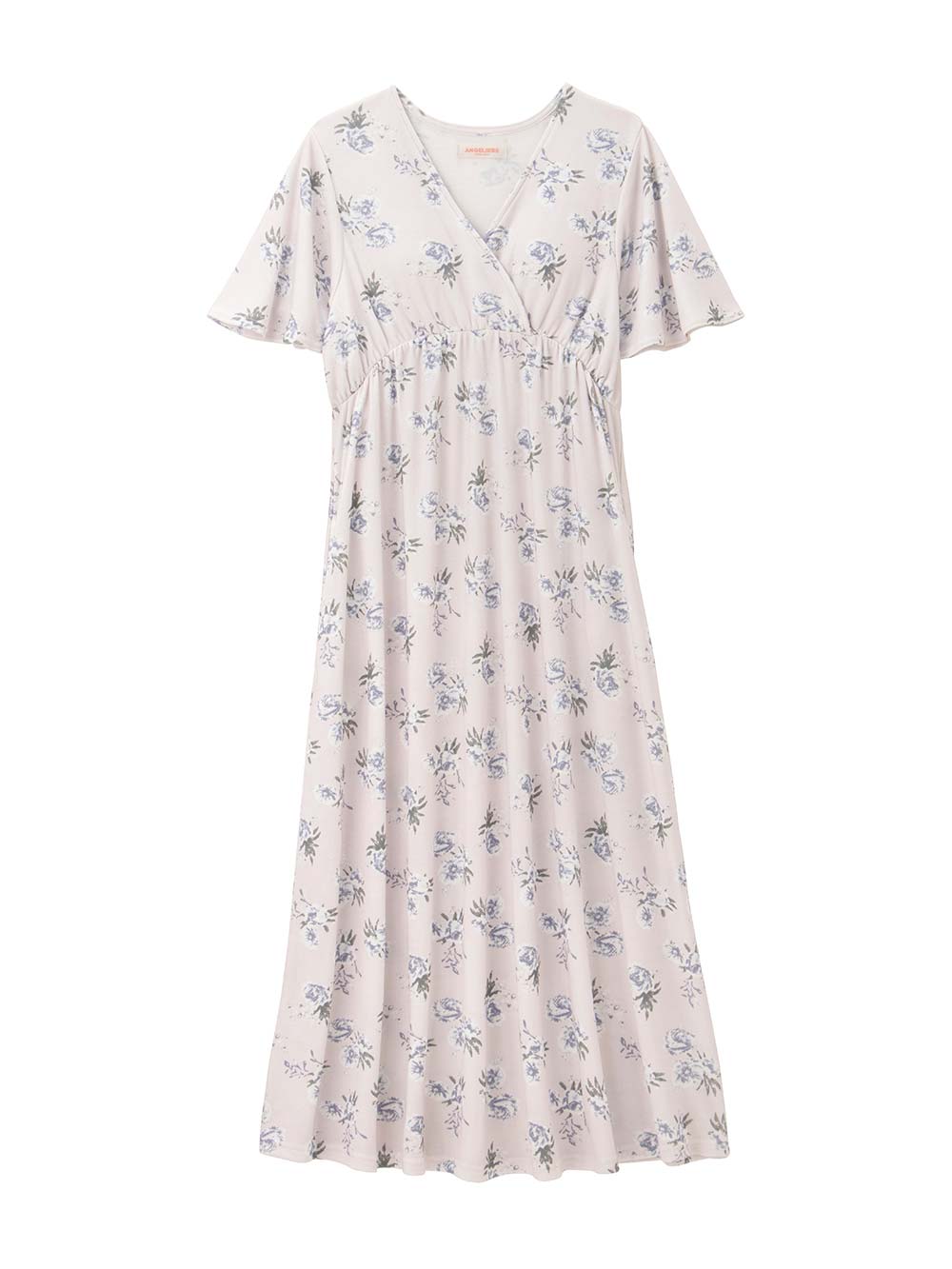 マタニティ パジャマ・ルームウェア|【親子コーデ可】スムースカシュクールパット付フレアスリーブネグリジェ　マタニティ・産後授乳服【出産後も長く着れる】|ペールピンク×プリント