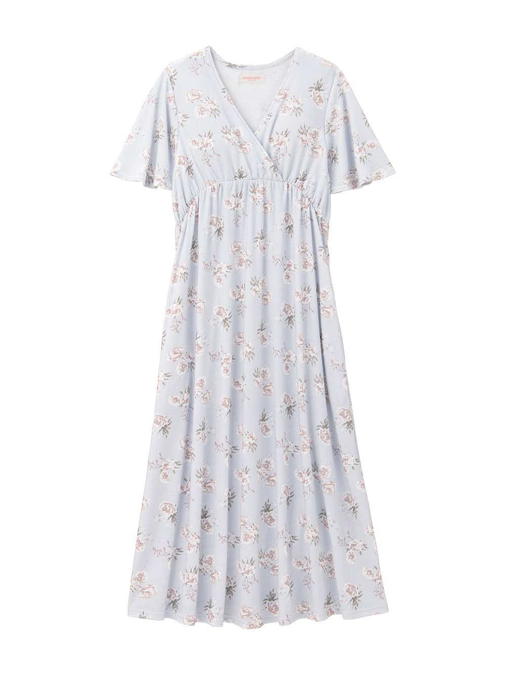 マタニティ パジャマ・ルームウェア|【親子コーデ可】スムースカシュクールパット付フレアスリーブネグリジェ　マタニティ・産後授乳服【出産後も長く着れる】|サックス×プリント