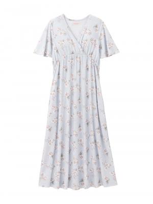 マタニティ パジャマ・ルームウェア|【親子コーデ可】スムースカシュクールパット付フレアスリーブネグリジェ　マタニティ・産後授乳服【出産後も長く着れる】|サックス×プリント