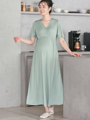 マタニティ パジャマ・ルームウェア|【親子コーデ可】スムースカシュクールパット付フレアスリーブネグリジェ　マタニティ・産後授乳服【出産後も長く着れる】|ライトグリーン