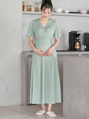 マタニティ パジャマ・ルームウェア|【親子コーデ可】スムースカシュクールパット付フレアスリーブネグリジェ　マタニティ・産後授乳服【出産後も長く着れる】|ライトグリーン