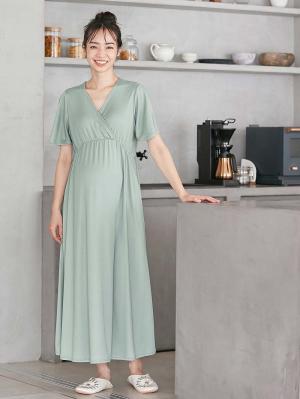 【親子コーデ可】スムースカシュクールパット付フレアスリーブネグリジェ　マタニティ・産後授乳服【出産後も長く着れる】10361