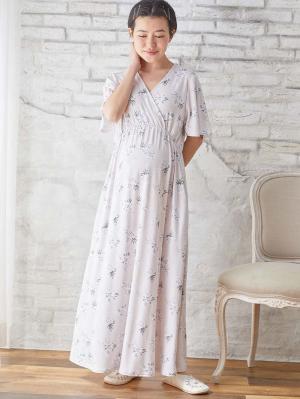 マタニティ パジャマ・ルームウェア|【親子コーデ可】スムースカシュクールパット付フレアスリーブネグリジェ　マタニティ・産後授乳服【出産後も長く着れる】