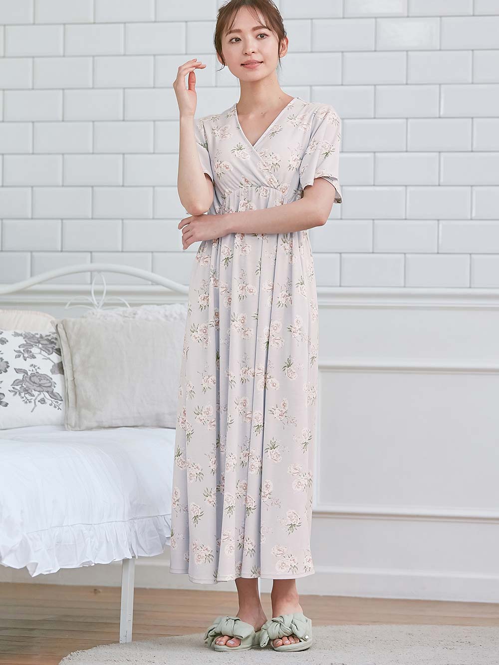 マタニティ パジャマ・ルームウェア|【親子コーデ可】スムースカシュクールパット付フレアスリーブネグリジェ　マタニティ・産後授乳服【出産後も長く着れる】