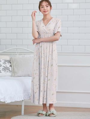 マタニティ パジャマ・ルームウェア|【親子コーデ可】スムースカシュクールパット付フレアスリーブネグリジェ　マタニティ・産後授乳服【出産後も長く着れる】