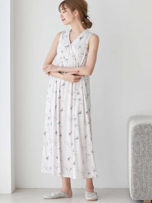 マタニティ パジャマ・ルームウェア|【親子コーデ可】スムースカシュクールパット付ノースリーブネグリジェ　マタニティ・産後授乳服【出産後も長く使える】|ペールピンク×プリント