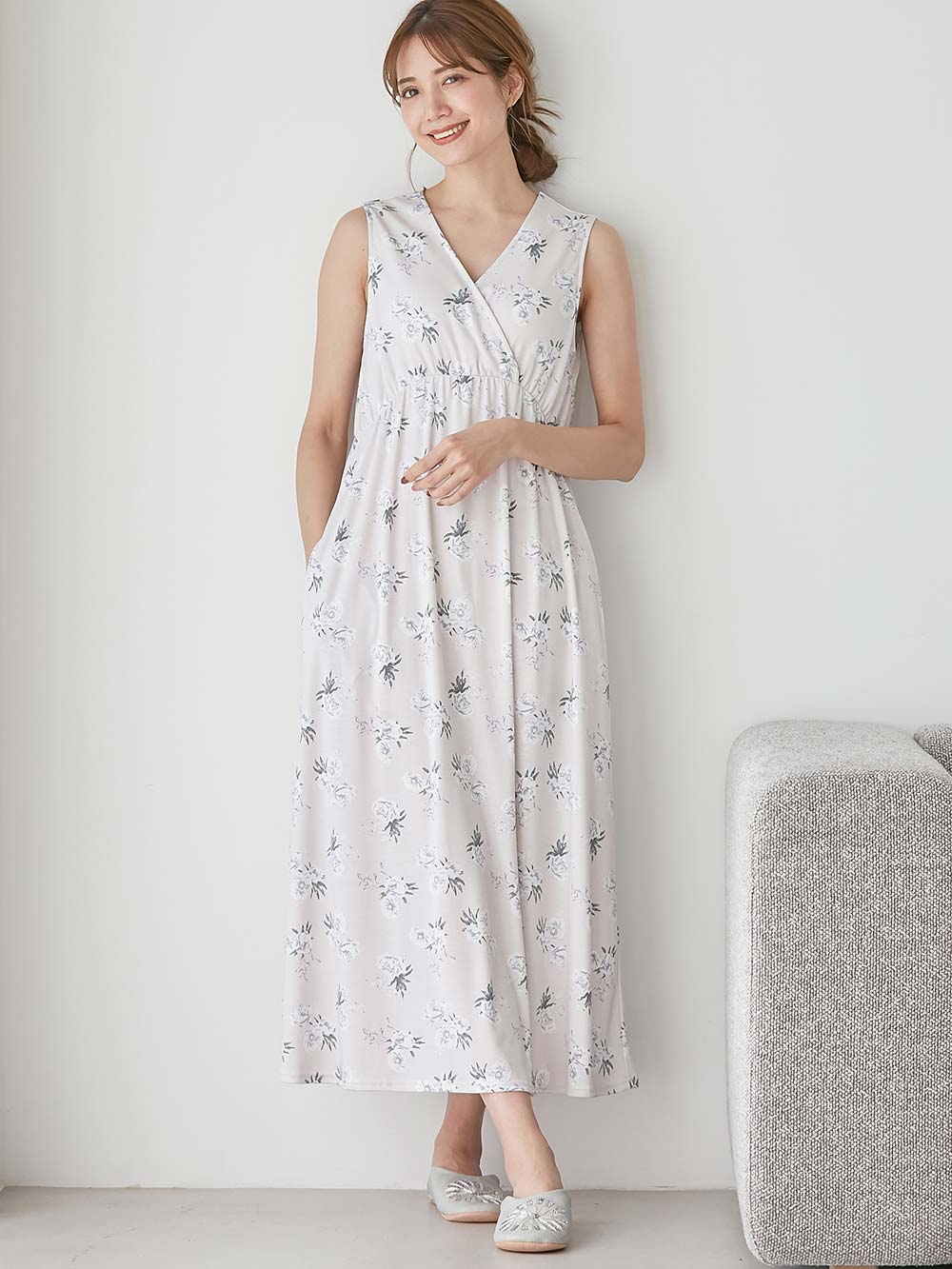 マタニティ パジャマ・ルームウェア|【親子コーデ可】スムースカシュクールパット付ノースリーブネグリジェ　マタニティ・産後授乳服【出産後も長く使える】|ペールピンク×プリント