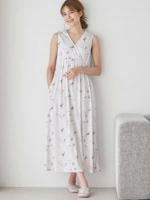 マタニティ パジャマ・ルームウェア|【親子コーデ可】スムースカシュクールパット付ノースリーブネグリジェ　マタニティ・産後授乳服【出産後も長く使える】|ペールピンク×プリント