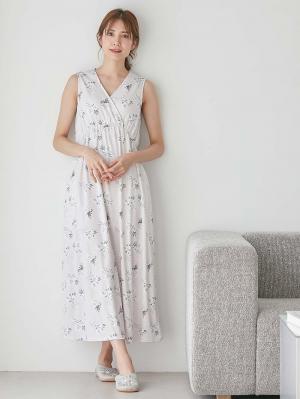 マタニティ パジャマ・ルームウェア|【親子コーデ可】スムースカシュクールパット付ノースリーブネグリジェ　マタニティ・産後授乳服【出産後も長く使える】|ペールピンク×プリント