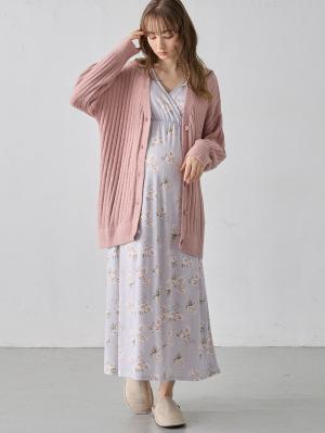 マタニティ パジャマ・ルームウェア|【親子コーデ可】スムースカシュクールパット付ノースリーブネグリジェ　マタニティ・産後授乳服【出産後も長く使える】|サックス×プリント