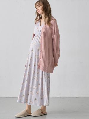 マタニティ パジャマ・ルームウェア|【親子コーデ可】スムースカシュクールパット付ノースリーブネグリジェ　マタニティ・産後授乳服【出産後も長く使える】|サックス×プリント