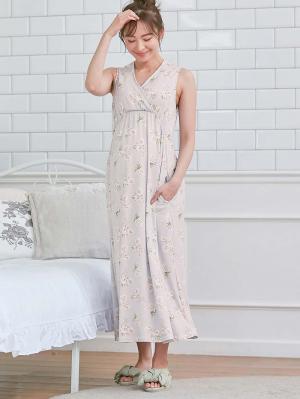 マタニティ パジャマ・ルームウェア|【親子コーデ可】スムースカシュクールパット付ノースリーブネグリジェ　マタニティ・産後授乳服【出産後も長く使える】|サックス×プリント