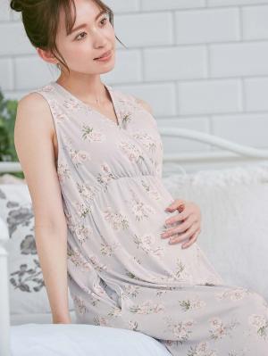 マタニティ パジャマ・ルームウェア|【親子コーデ可】スムースカシュクールパット付ノースリーブネグリジェ　マタニティ・産後授乳服【出産後も長く使える】|サックス×プリント