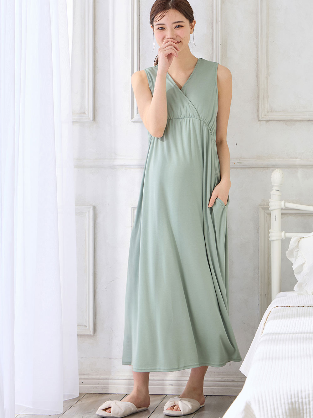 マタニティ パジャマ・ルームウェア|【親子コーデ可】スムースカシュクールパット付ノースリーブネグリジェ　マタニティ・産後授乳服【出産後も長く使える】|ライトグリーン