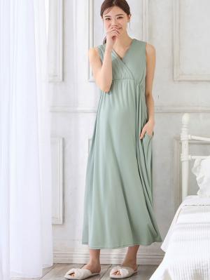 マタニティ パジャマ・ルームウェア|【親子コーデ可】スムースカシュクールパット付ノースリーブネグリジェ　マタニティ・産後授乳服【出産後も長く使える】|ライトグリーン