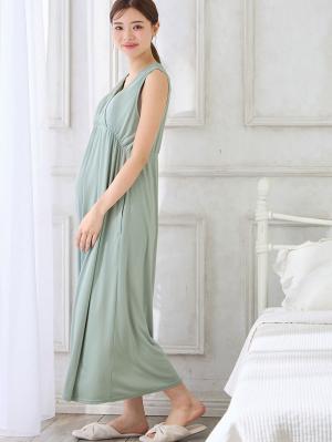 マタニティ パジャマ・ルームウェア|【親子コーデ可】スムースカシュクールパット付ノースリーブネグリジェ　マタニティ・産後授乳服【出産後も長く使える】|ライトグリーン