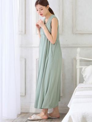 マタニティ パジャマ・ルームウェア|【親子コーデ可】スムースカシュクールパット付ノースリーブネグリジェ　マタニティ・産後授乳服【出産後も長く使える】|ライトグリーン