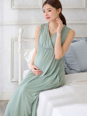 【親子コーデ可】スムースカシュクールパット付ノースリーブネグリジェ　マタニティ・産後授乳服【出産後も長く使える】10362