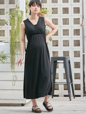 マタニティ パジャマ・ルームウェア|【親子コーデ可】スムースカシュクールパット付ノースリーブネグリジェ　マタニティ・産後授乳服【出産後も長く使える】|ブラック