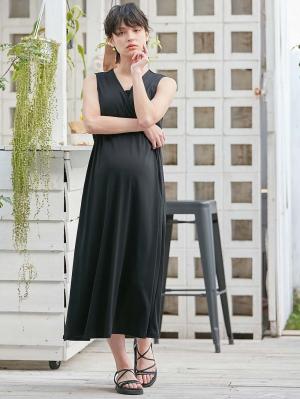 【親子コーデ可】スムースカシュクールパット付ノースリーブネグリジェ　マタニティ・産後授乳服【出産後も長く使える】10362