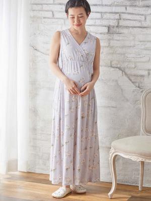 マタニティ パジャマ・ルームウェア|【親子コーデ可】スムースカシュクールパット付ノースリーブネグリジェ　マタニティ・産後授乳服【出産後も長く使える】|サックス×プリント