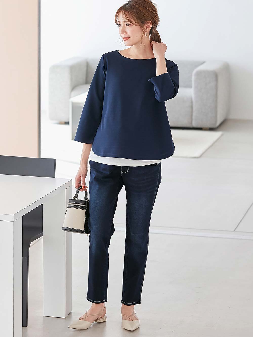 マタニティ トップス|強撚スムーストップス　マタニティ・産後授乳服【出産後も長く使える】|ネイビー