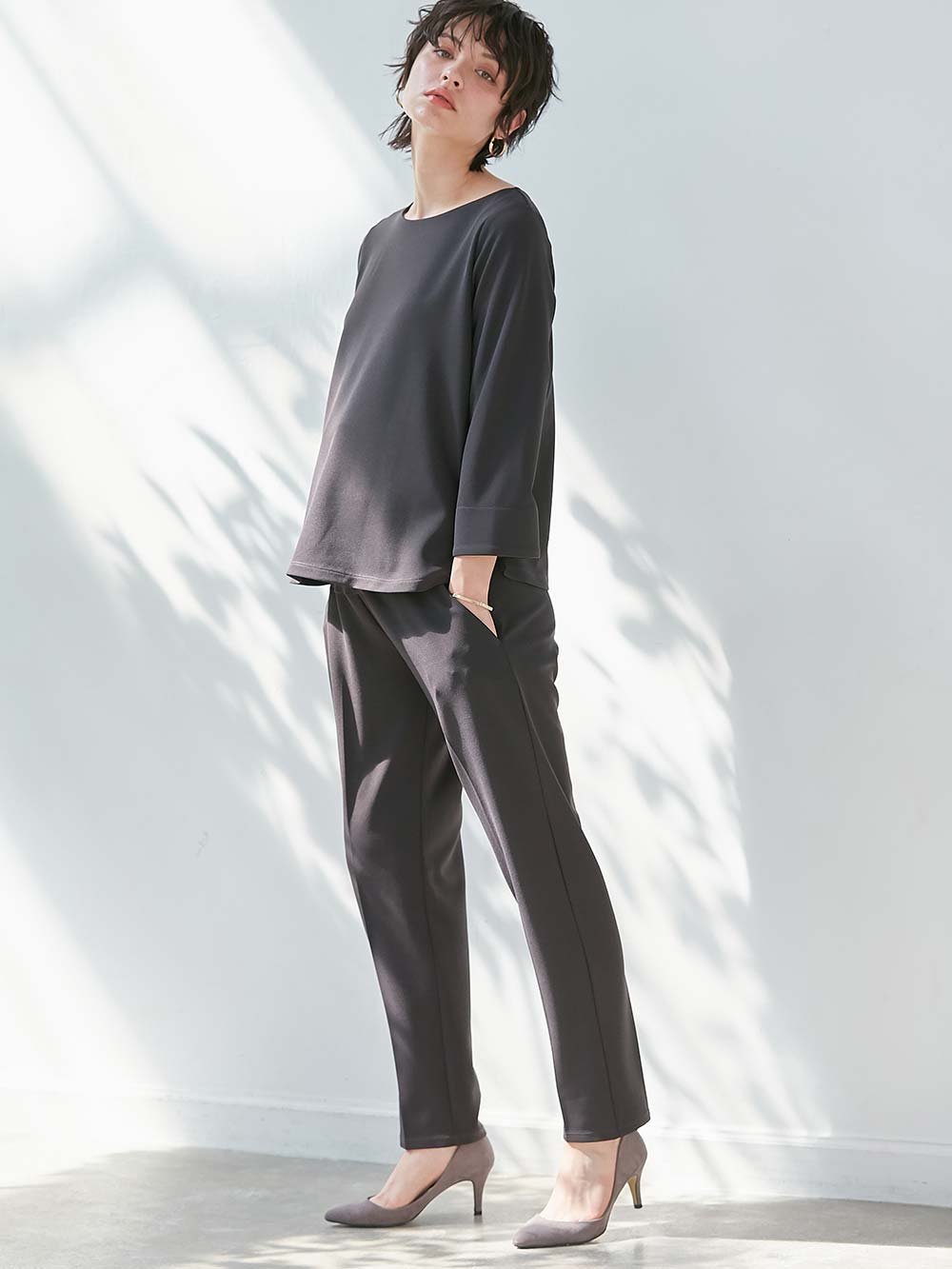 マタニティ トップス|強撚スムーストップス　マタニティ・産後授乳服【出産後も長く使える】|チャコール