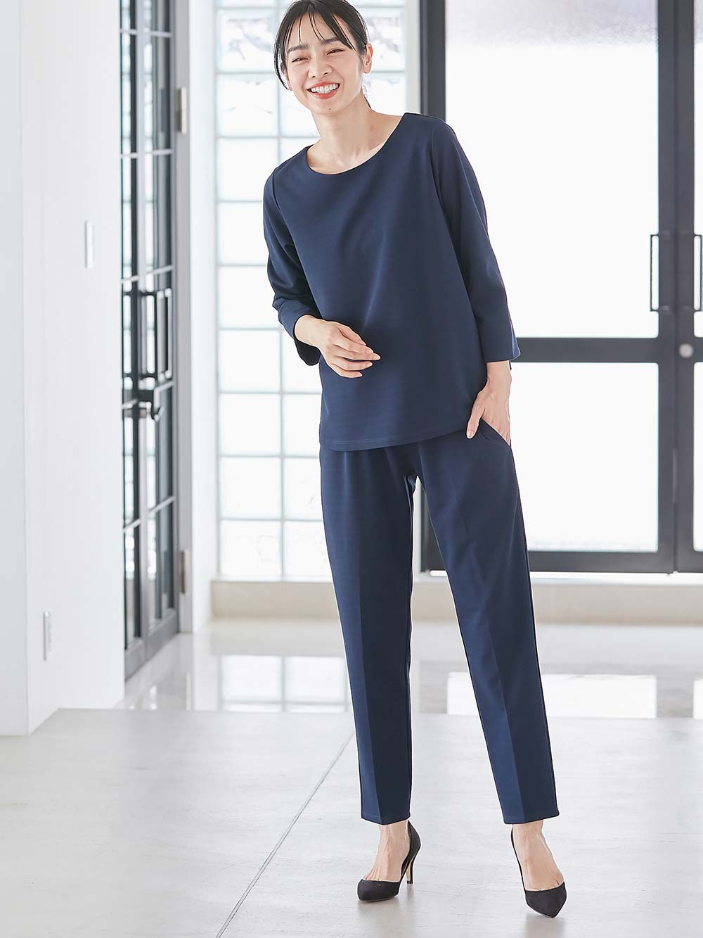 マタニティ パンツ|P・パンツ　強撚スムースセンタープレステーパード|ネイビー