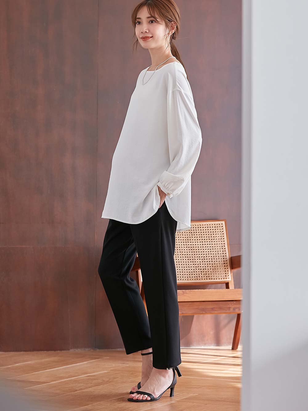 マタニティ パンツ|P・パンツ　強撚スムースセンタープレステーパード|ブラック