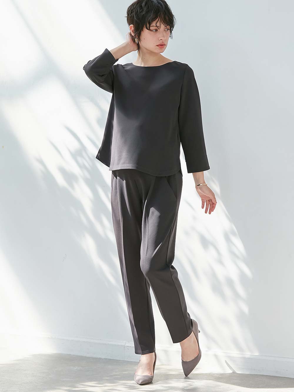 マタニティ パンツ|P・パンツ　強撚スムースセンタープレステーパード|チャコール