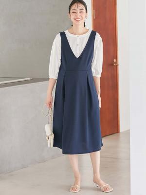 マタニティ ワンピース|強撚スムースジャンパースカート　マタニティ・授乳服【出産後も長く使える】|ネイビー