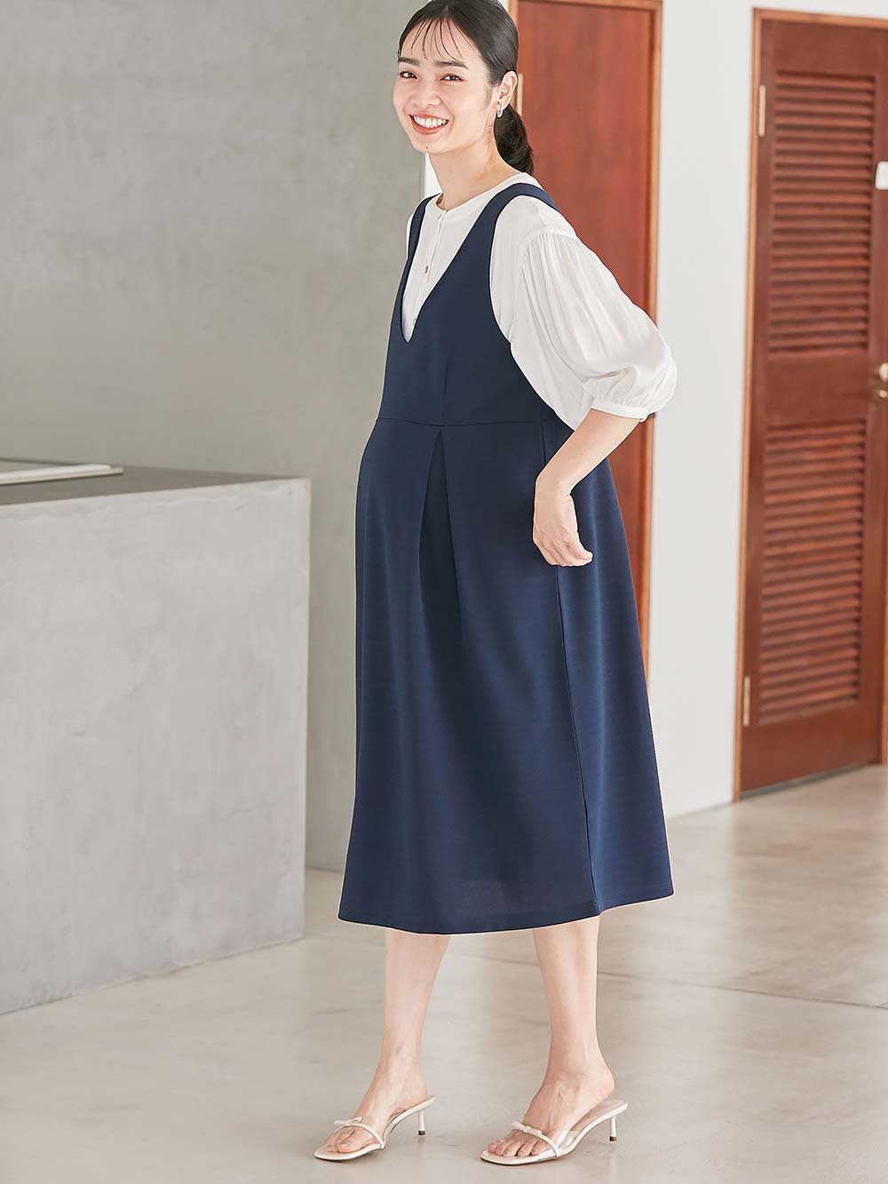 マタニティ ワンピース|強撚スムースジャンパースカート　マタニティ・授乳服【出産後も長く使える】|ネイビー