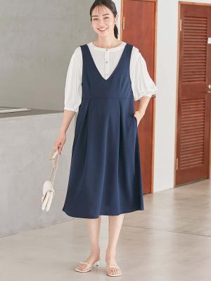 マタニティ ワンピース|強撚スムースジャンパースカート　マタニティ・授乳服【出産後も長く使える】|ネイビー