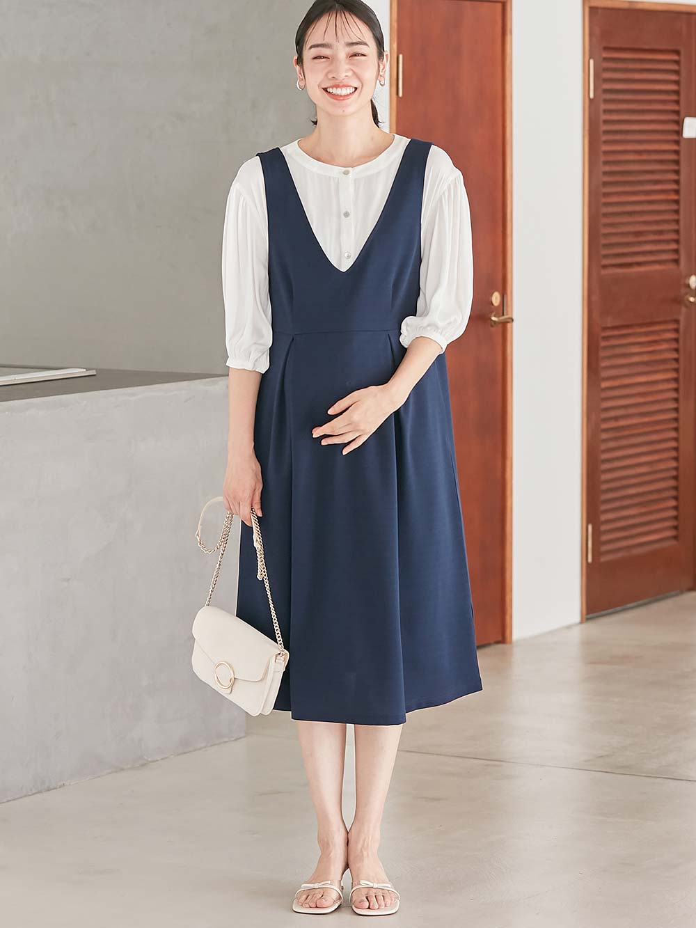 マタニティ ワンピース|強撚スムースジャンパースカート　マタニティ・授乳服【出産後も長く使える】|ネイビー