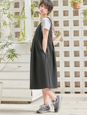 マタニティ ワンピース|強撚スムースジャンパースカート　マタニティ・授乳服【出産後も長く使える】|ブラック