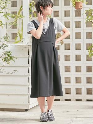 マタニティ ワンピース|強撚スムースジャンパースカート　マタニティ・授乳服【出産後も長く使える】|ブラック