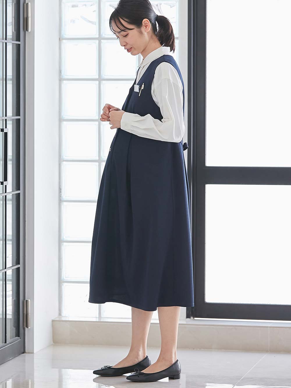 マタニティ ワンピース|【着丈が選べる】強撚スムースベストワンピース　マタニティ【出産後も長く使える】|ネイビー（ロング丈）