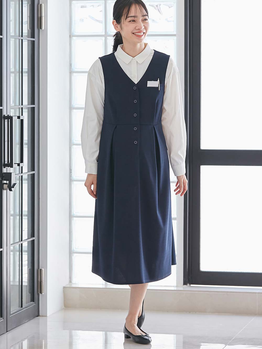 マタニティ ワンピース|【着丈が選べる】強撚スムースベストワンピース　マタニティ【出産後も長く使える】|ネイビー（ロング丈）