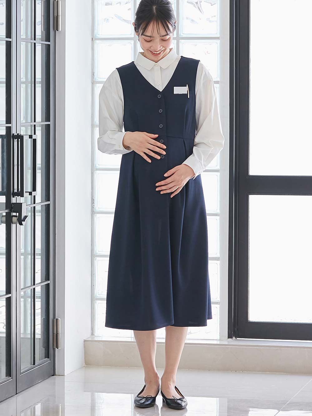 マタニティ ワンピース|【着丈が選べる】強撚スムースベストワンピース　マタニティ【出産後も長く使える】|ネイビー（ロング丈）