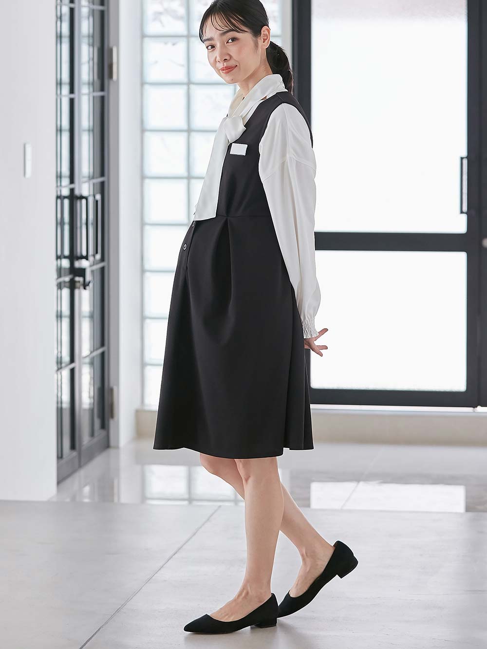 マタニティ ワンピース|【着丈が選べる】強撚スムースベストワンピース　マタニティ【出産後も長く使える】|ブラック（レギュラー丈）
