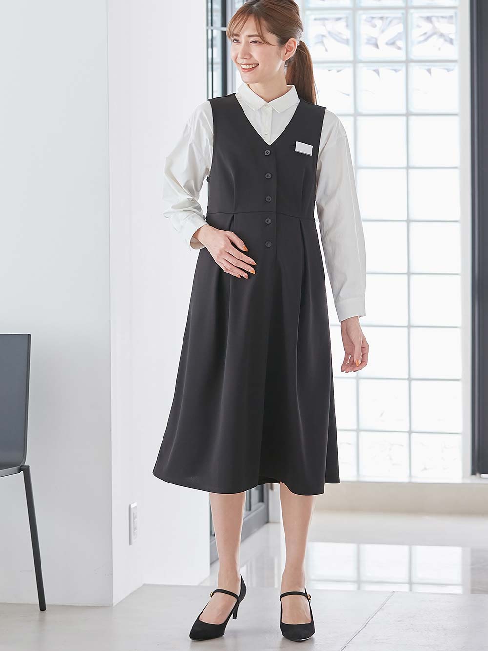 マタニティ ワンピース|【着丈が選べる】強撚スムースベストワンピース　マタニティ【出産後も長く使える】|ブラック（ロング丈）