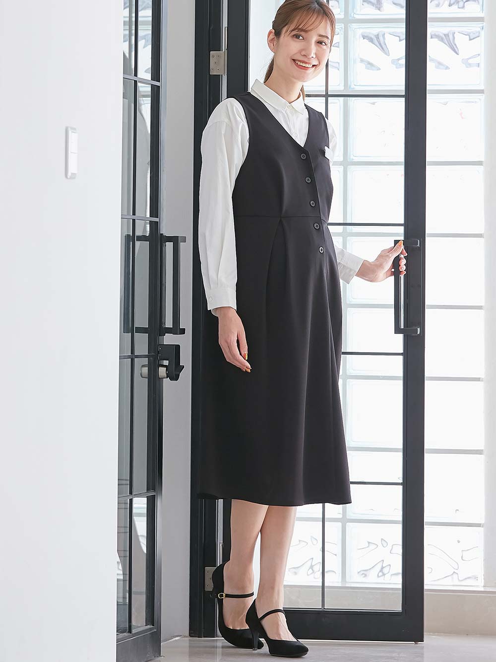 マタニティ ワンピース|【着丈が選べる】強撚スムースベストワンピース　マタニティ【出産後も長く使える】|ブラック（ロング丈）
