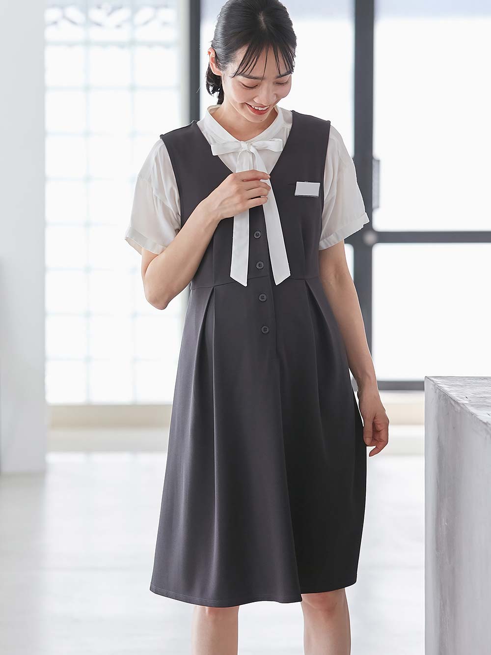 マタニティ ワンピース|【着丈が選べる】強撚スムースベストワンピース　マタニティ【出産後も長く使える】|チャコール（レギュラー丈）